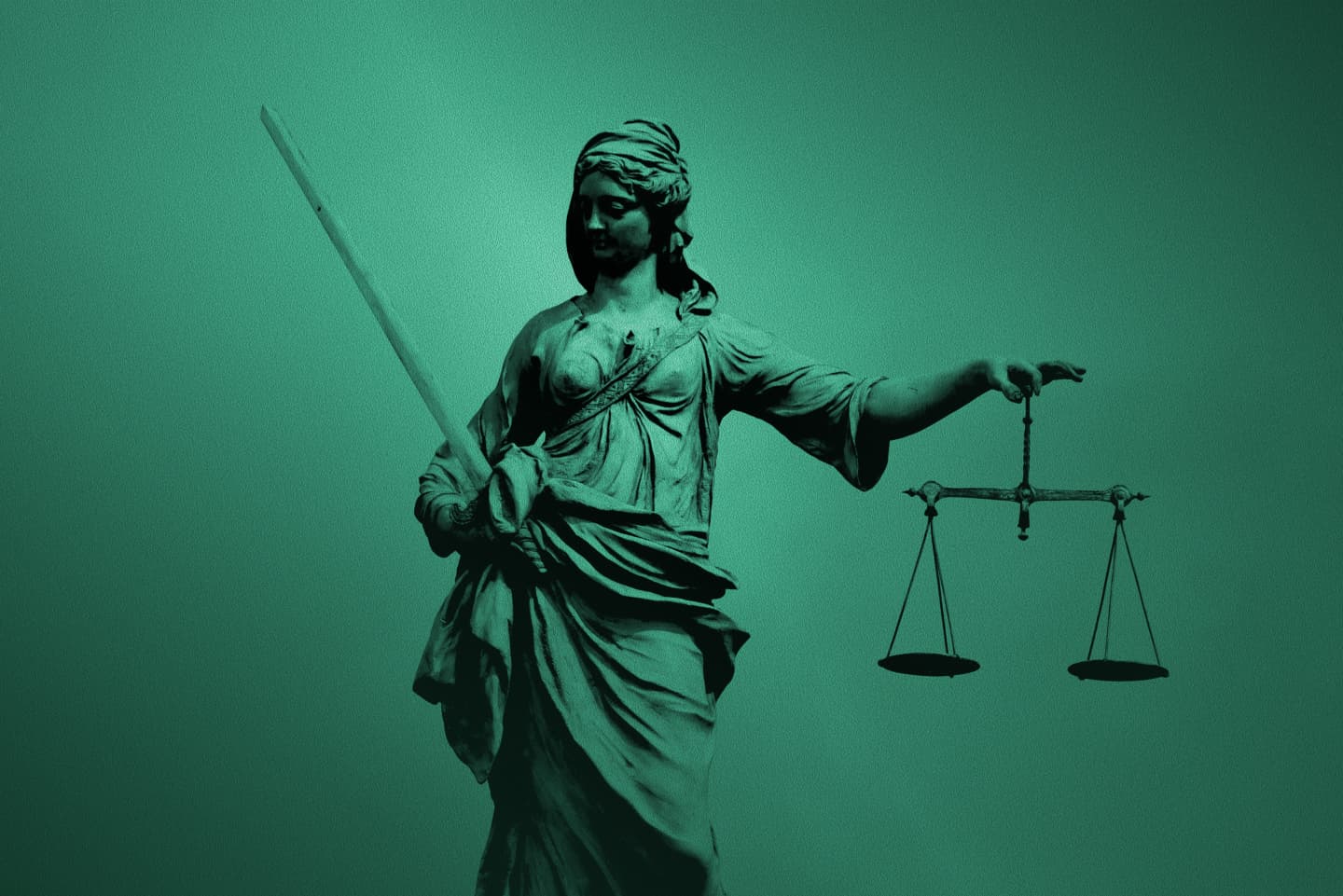 Statue of Lady Justice holding scales and a sword, monochrome green tint
