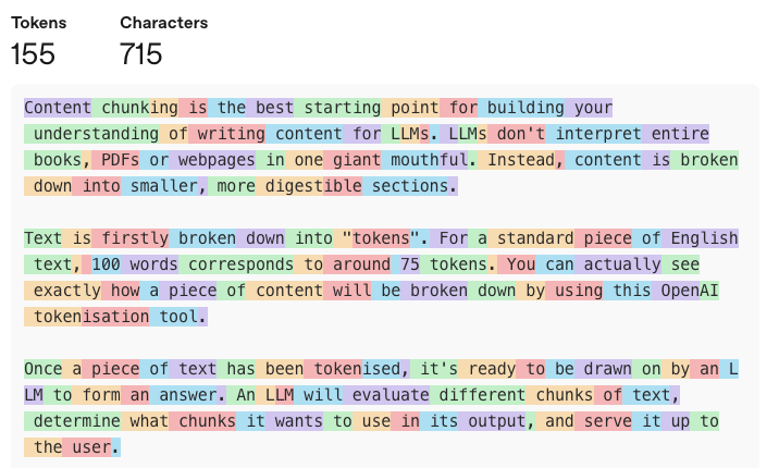 OpenAI tokenizer view highlighting content-chunking text as coloured tokens