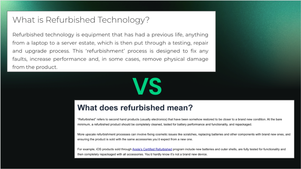 Side-by-side definitions comparing refurbished technology and what refurbished means
